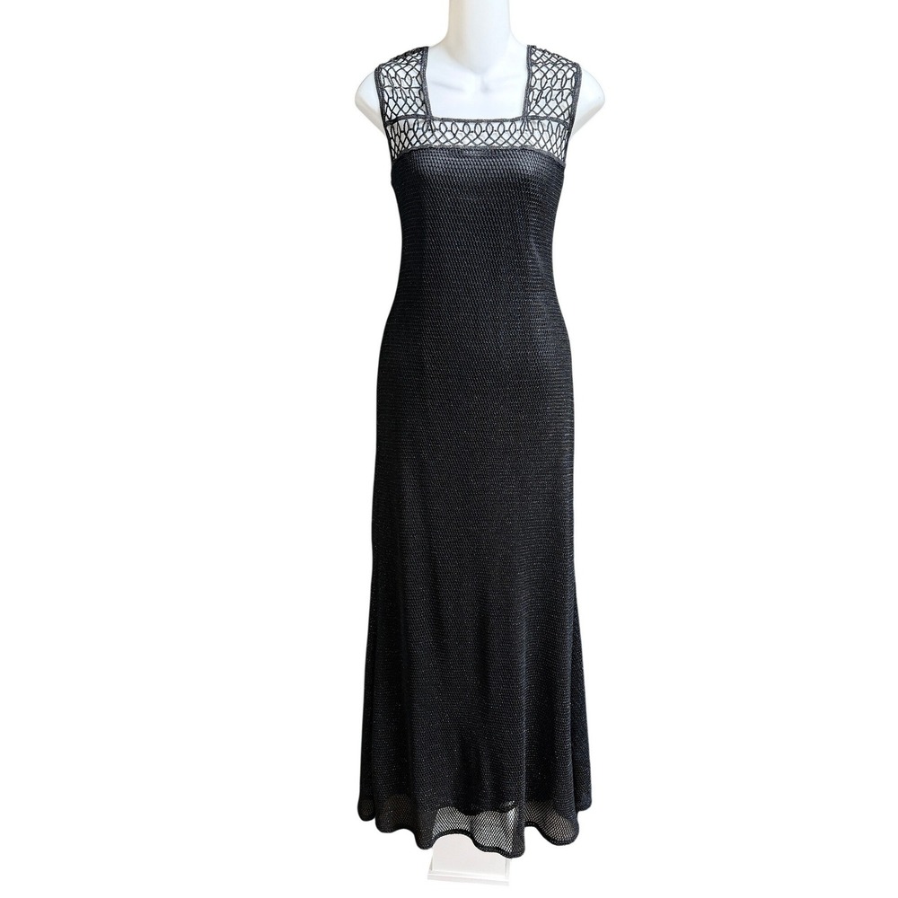 Damianou Black Crochet Metallic Maxi Dress Size S Goth Retro Sheer Wedding Guest